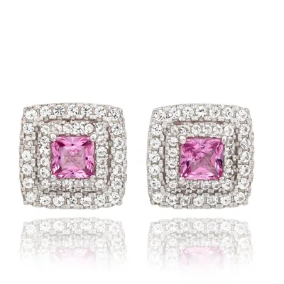 SUZY LEVIAN STERLING SILVER SQUARE CUT PINK SAPPHIRE & CREATED WHITE SAPPHIRE DOUBLE HALO STUD EARRINGS