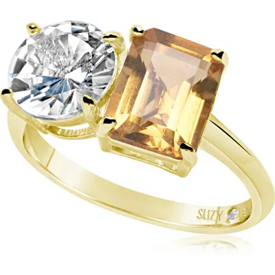 Suzy Levian Sterling Silver Two-stone Ring In Gold/orange