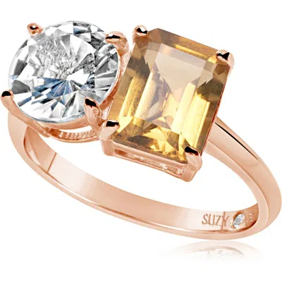 Suzy Levian Sterling Silver Two-stone Ring In Rose Gold/orange