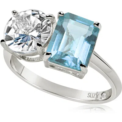 Suzy Levian Sterling Silver Two-stone Ring In Silver/blue