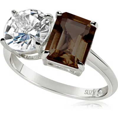 Suzy Levian Sterling Silver Two-stone Ring In Silver/brown