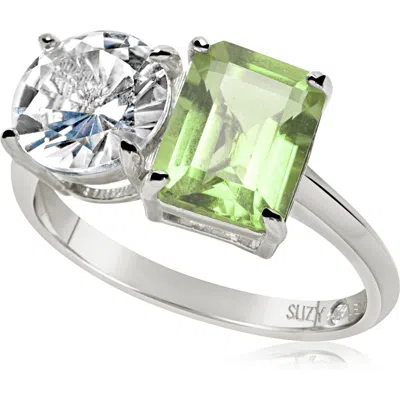 Suzy Levian Sterling Silver Two-stone Ring In Silver/green