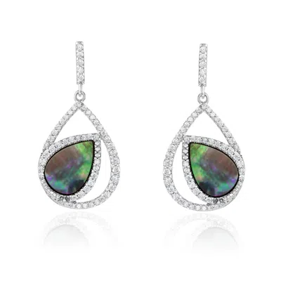 Suzy Levian Sterling Silver White Cubic Zirconia Double Teardrop Black Mother Of Pearl Dangle Earrings In Multi