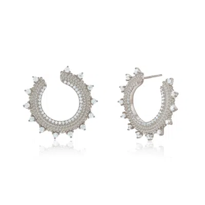 Suzy Levian Sterling Silver White Cubic Zirconia Open Sunburst Circle Earrings In Metallic
