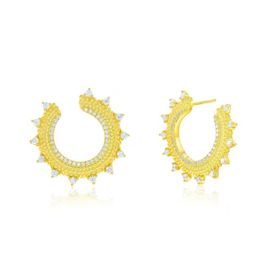Suzy Levian Sterling Silver White Cubic Zirconia Open Sunburst Circle Earrings In Gold