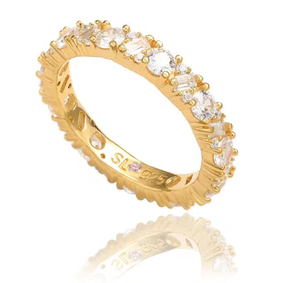 Suzy Levian Sterling Silver White Cubic Zirconia Round Baguette Alternating Eternity Band In Yellow