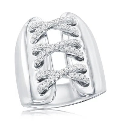 Suzy Levian Sterling Silver White Cubic Zirconia Wide Triple Cross Over Ring In Metallic