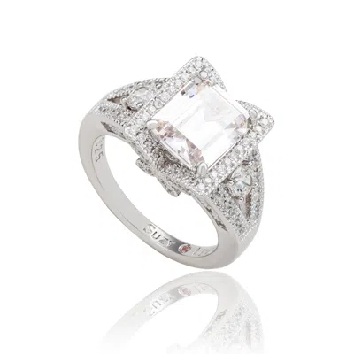 Suzy Levian Sterling Silver White Emerald Cut Cubic Zirconia Pave Engagement Ring In Metallic