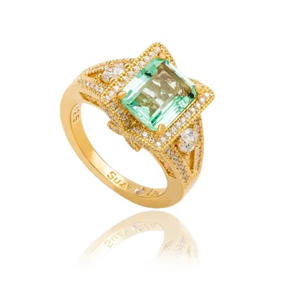 Suzy Levian Sterling Silver White Emerald Cut Cubic Zirconia Pave Engagement Ring In Gold