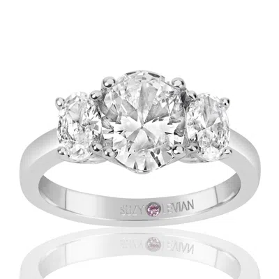 Suzy Levian Sterling Silver White Oval Cut Cubic Zirconia 3-stone Engagement Ring