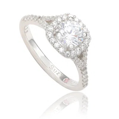 Suzy Levian Sterling Silver White Round Cut Cubic Zirconia Halo Ring