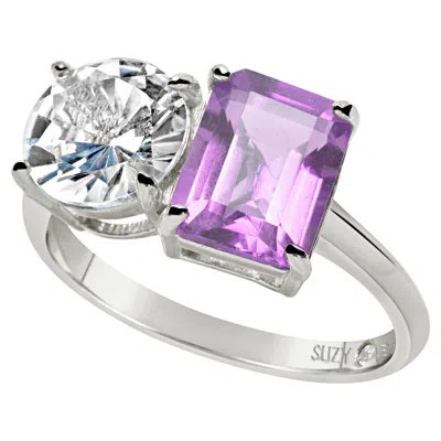 Pre-owned Suzy Levian Sterling Silver White Topaz & Purple Amethyst Two Stone Ring