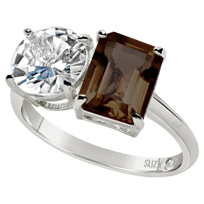 Pre-owned Suzy Levian Sterling Silver White Topaz & Smoky Quartz Two Stone Ring