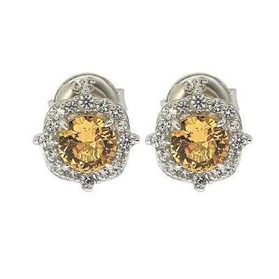 Suzy Levian Sterling Silver Yellow Sapphire 0.66cttw Halo Stud Earrings In Orange