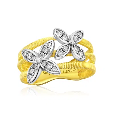 Suzy Levian The Golden Helix Yellow Sterling Silver White Cubic Zirconia Coil Three Row Double Flower Ring In Multi