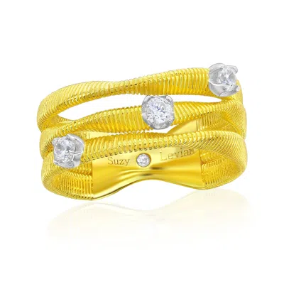Suzy Levian The Golden Helix Yellow Sterling Silver White Cubic Zirconia Coil Three Row Twisted Ring In Multi