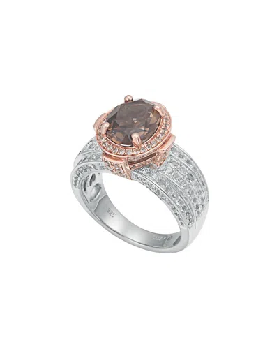 Suzy Levian Two-tone Sterling Silver Round 4.85 Cttw Smoky Quartz Ring In Metallic