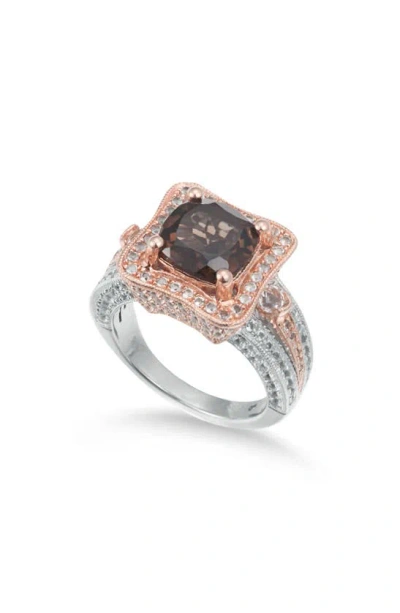 Suzy Levian Two-tone Smoky Quartz & White Topaz Halo Ring In Brown