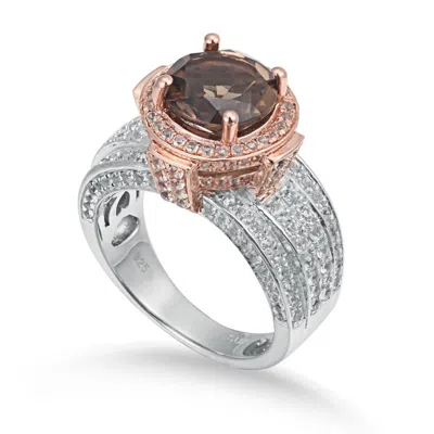 Suzy Levian Two-tone Sterling Silver Round 4.85 Cttw Smoky Quartz Ring In Metallic