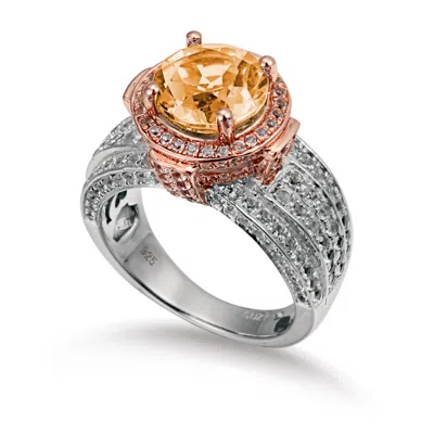 Suzy Levian Two-tone Sterling Silver Round 4.85 Cttw Smoky Quartz Ring In Metallic