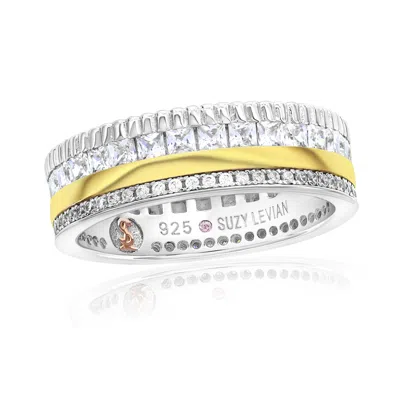 Suzy Levian Two-tone White Cubic Zirconia Filigree Thick Band In Metallic