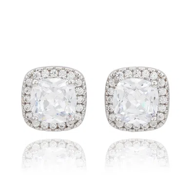 Suzy Levian White Sterling Silver Cushion Cut White Cubic Zirconia Halo Studs In Metallic