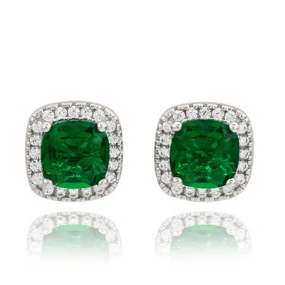Suzy Levian White Sterling Silver Cushion Cut White Cubic Zirconia Halo Studs In Metallic