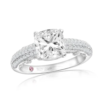 Suzy Levian White Sterling Silver Cushion Cut White Cubic Zirconia Pave Engagement Ring In Metallic