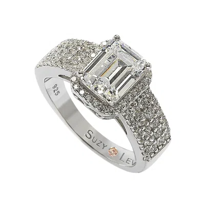 Suzy Levian White Sterling Silver Emerald-cut White Cubic Zirconia Halo Ring