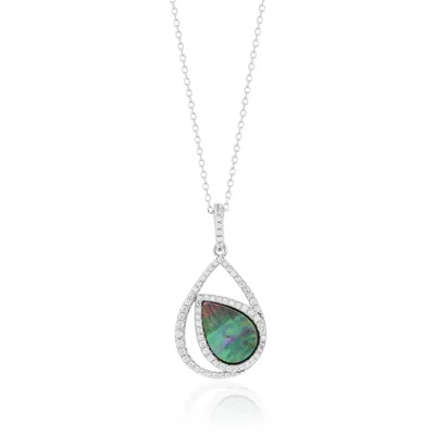 Suzy Levian White Sterling Silver White Cubic Zirconia Double Teardrop Black Mother Of Pearl Pendant In Green