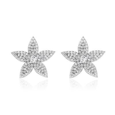 Suzy Levian White Sterling Silver White Cubic Zirconia Pave Curved Flower Earrings