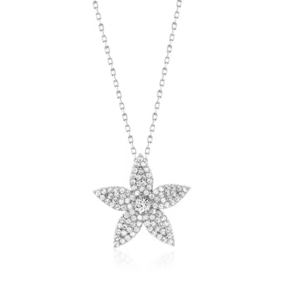Suzy Levian White Sterling Silver White Cubic Zirconia Pave Curved Flower Pendant In Metallic