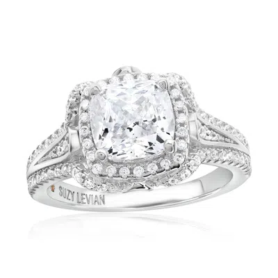Suzy Levian White Sterling Silver White Cubic Zirconia Pave Engagement Ring In Metallic
