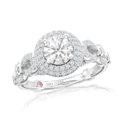 Suzy Levian White Sterling Silver White Cubic Zirconia Pave Halo Engagement Ring In Metallic