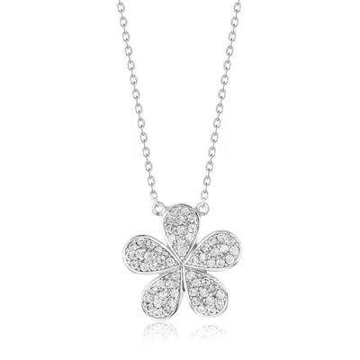 Suzy Levian White Sterling Silver White Cubic Zirconia Pave Round Flower Necklace
