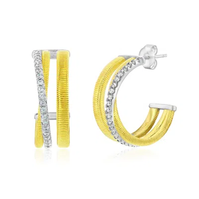 Suzy Levian Yellow Sterling Silver & Cubic Zirconia Triple Row Coil Huggie Hoop Earrings In Gold