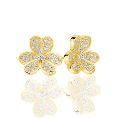 Suzy Levian Yellow Sterling Silver Cubic Zirconia 3-flower Petal Earrings In White
