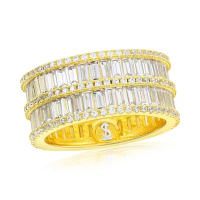 Suzy Levian Yellow Sterling Silver Cubic Zirconia Double Row White Baguette And Round Cut Wide Eternity Band In Gold