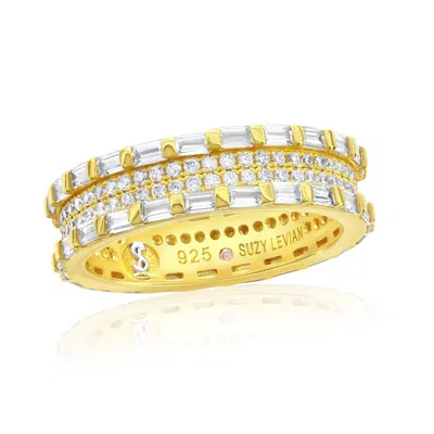 Suzy Levian Yellow Sterling Silver Cubic Zirconia White Baguette And Round Eternity Band In Gold