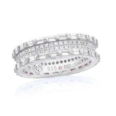 Suzy Levian Yellow Sterling Silver Cubic Zirconia White Baguette And Round Eternity Band In Metallic