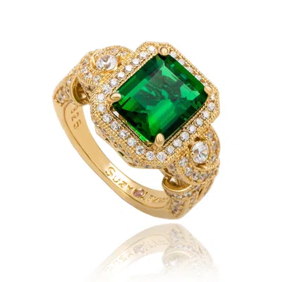 Suzy Levian Yellow Sterling Silver Emerald-cut Blue And White Cubic Zirconia Pave Ring In Gold