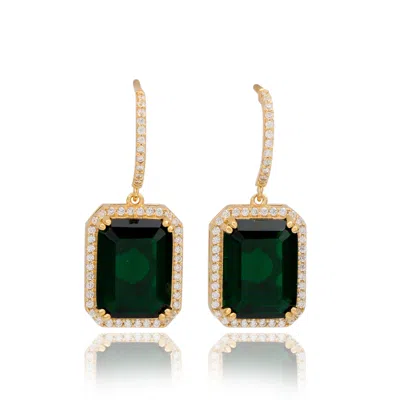 Suzy Levian Yellow Sterling Silver Emerald Cut Green White Cubic Zirconia Halo Dangling Earrings In Brown