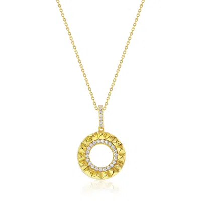 Suzy Levian Yellow Sterling Silver White Cubic Zirconia Circle Pointed Sunburst Pendant In Gold