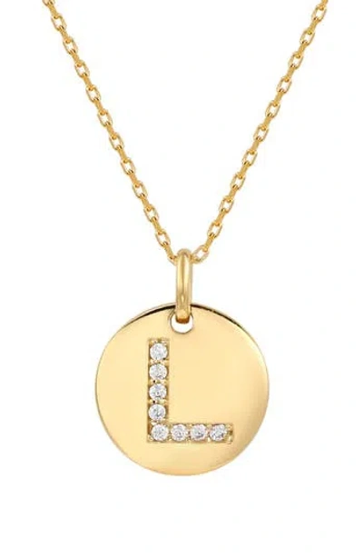 Suzy Levian Yellow Sterling Silver White Cubic Zirconia Initial Disc Pendant Necklace In Gold