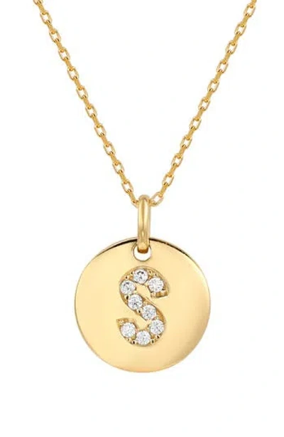 Suzy Levian Yellow Sterling Silver White Cubic Zirconia Initial Disc Pendant Necklace In Gold