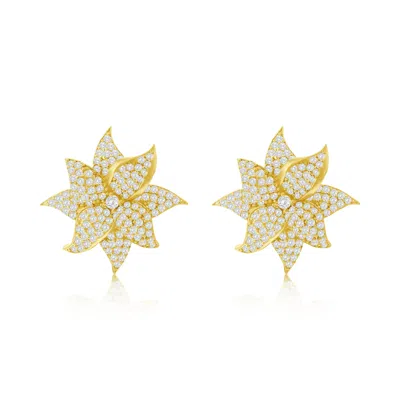 Suzy Levian Yellow Sterling Silver White Cubic Zirconia Large Pave Flower Earrings In Gold