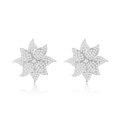 Suzy Levian Yellow Sterling Silver White Cubic Zirconia Large Pave Flower Earrings