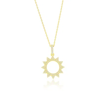 Suzy Levian Yellow Sterling Silver White Cubic Zirconia Pave Circle Sunburst Pendant In Gold