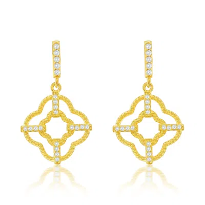 Suzy Levian Yellow Sterling Silver White Cubic Zirconia Trellis Filigree Drop Dangle Earrings In Gold
