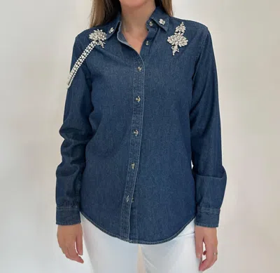 Suzy T Esther Denim With Pearls Shirt In Blue